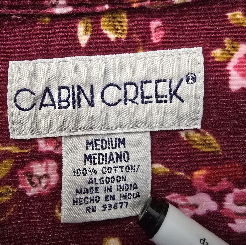 Cabin Creek Floral Corduroy Shirt Burgundy Cotton Button Up Cottagecore M - Picture 3 of 12